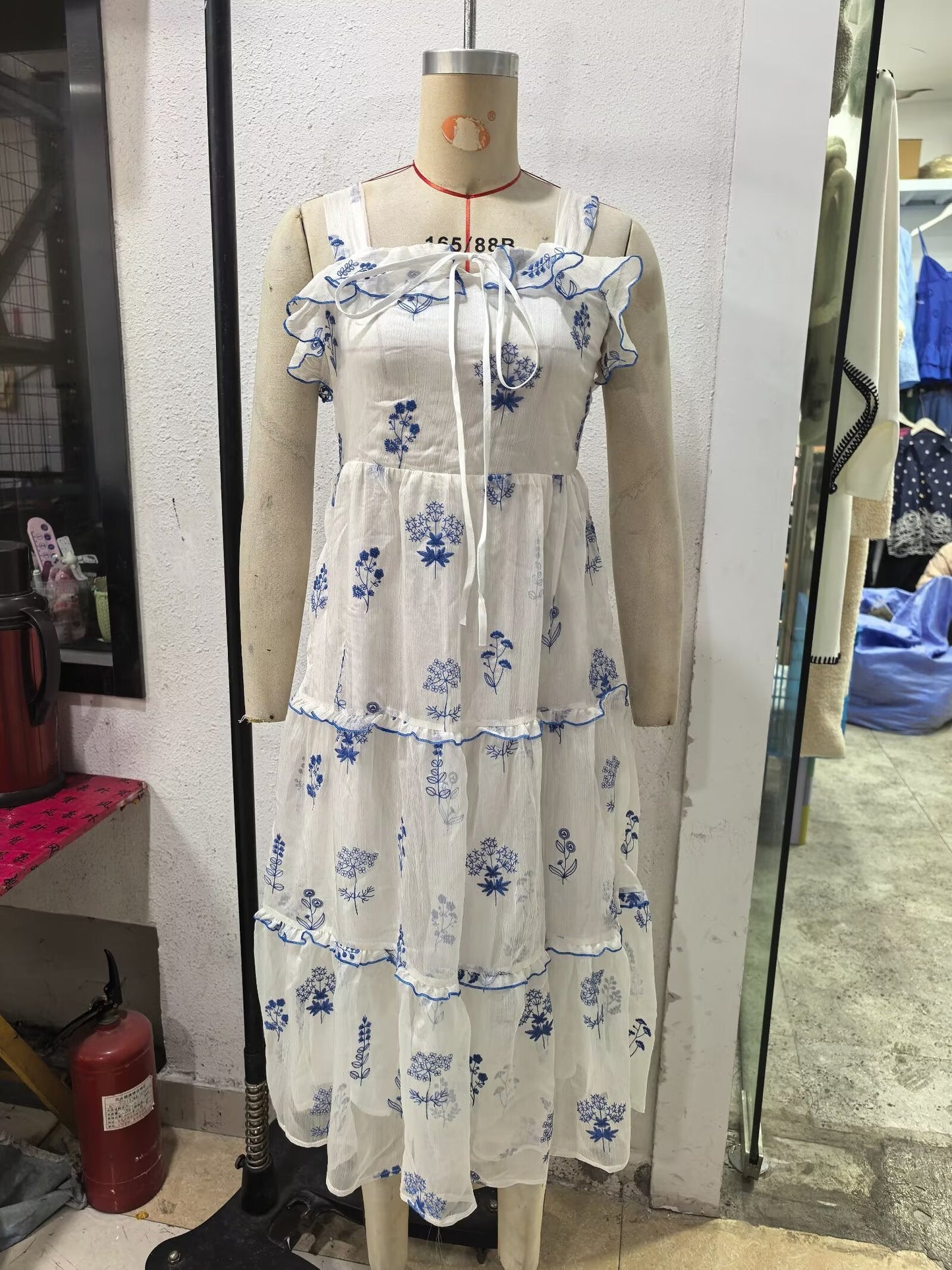 Gentle Sweet Lotus Leaf Lace up Embroidered off the Shoulder Slip Dress Dress Summer Slim Youthful Holiday Midi Dress