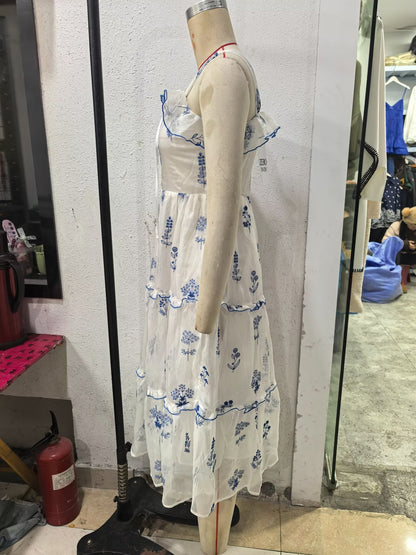 Gentle Sweet Lotus Leaf Lace up Embroidered off the Shoulder Slip Dress Dress Summer Slim Youthful Holiday Midi Dress