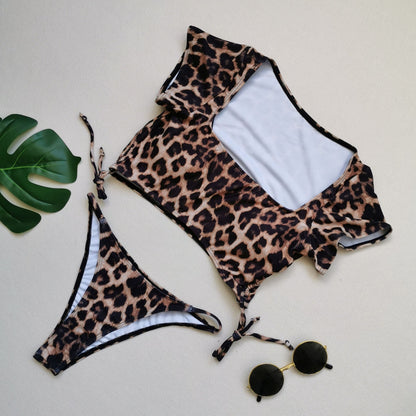 New Sexy Short Sleeved Bikini Split Swimsuit Women Solid Color Nylon Swimsuit