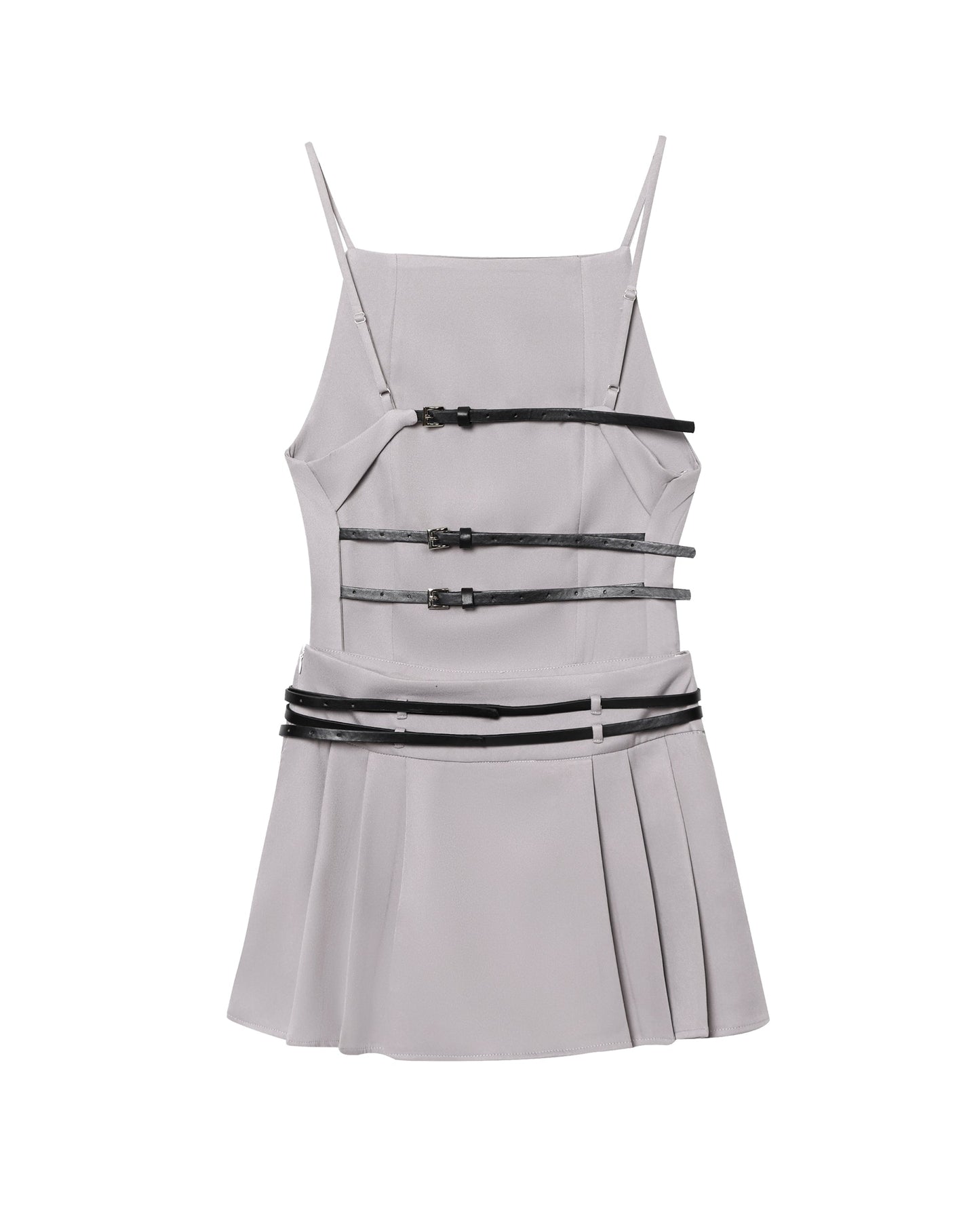 Women Simple Short Gray Belt Backless Pleated Dress