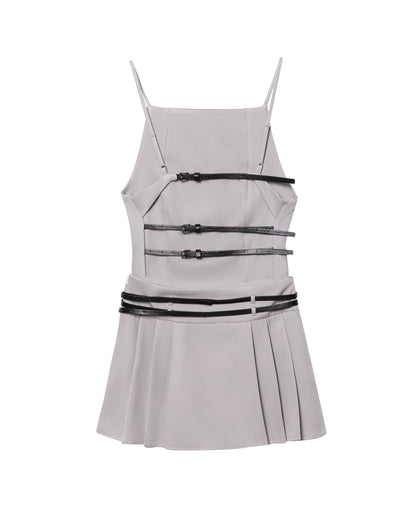 Women Simple Short Gray Belt Backless Pleated Dress