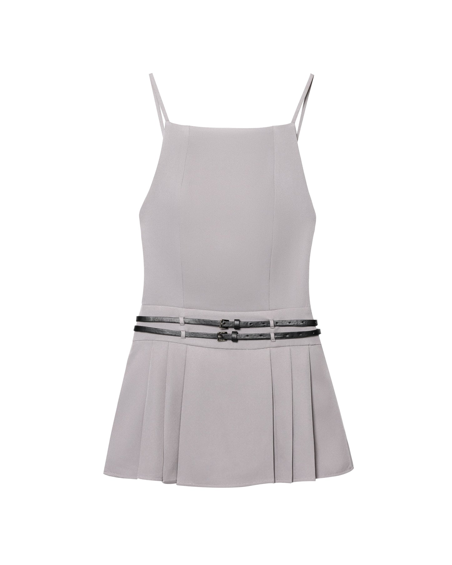 Women Simple Short Gray Belt Backless Pleated Dress