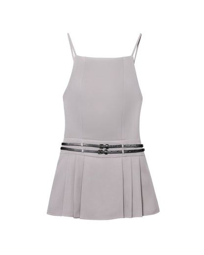 Women Simple Short Gray Belt Backless Pleated Dress