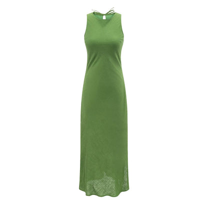 Green Vest Dress Summer Waist Controlled Slim Fit Slimming Split Vacation Dress
