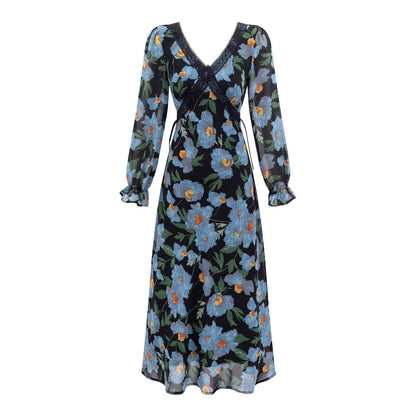 Summer Romantic Elegant Elegant Elegant Lace Stitching Printing V neck Long Sleeve Dress