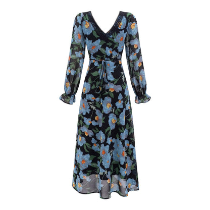 Summer Romantic Elegant Elegant Elegant Lace Stitching Printing V neck Long Sleeve Dress