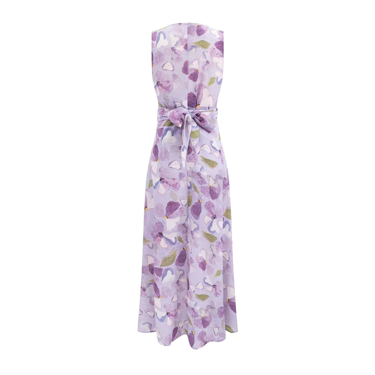 Printed Cross V neck Waist Controlled Lace up Sleeveless Dress Summer Slim Fit Maxi Dress Women