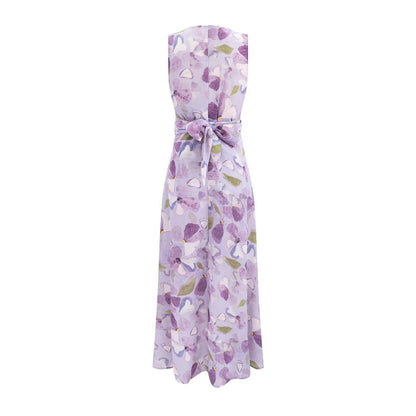 Printed Cross V neck Waist Controlled Lace up Sleeveless Dress Summer Slim Fit Maxi Dress Women