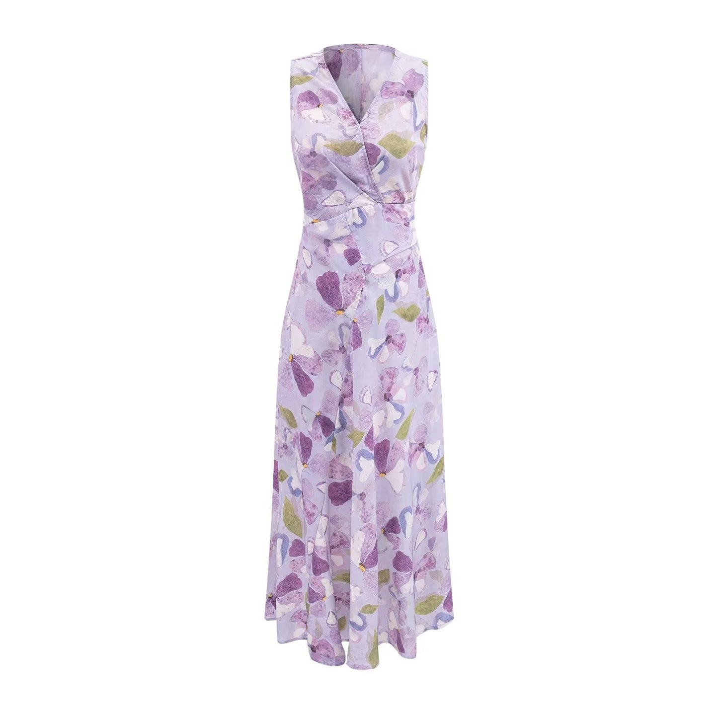 Printed Cross V neck Waist Controlled Lace up Sleeveless Dress Summer Slim Fit Maxi Dress Women