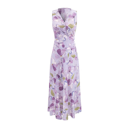 Printed Cross V neck Waist Controlled Lace up Sleeveless Dress Summer Slim Fit Maxi Dress Women
