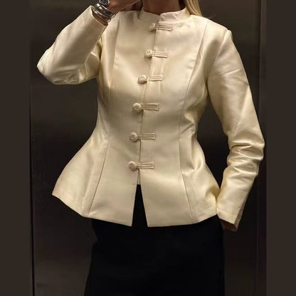 Women Clothing Stand Collar Buckle Satin Jacket Waist Trimming Coat