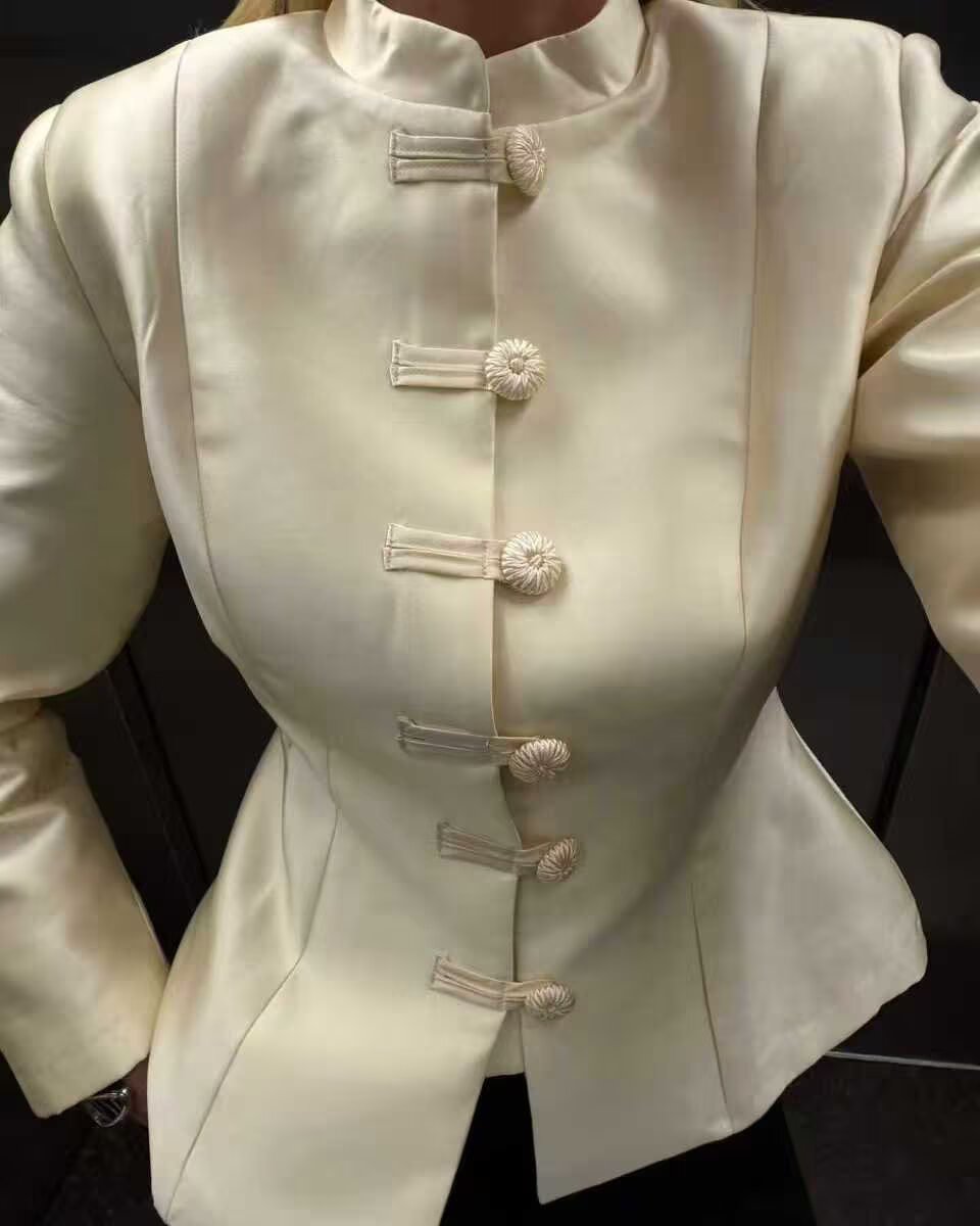 Women Clothing Stand Collar Buckle Satin Jacket Waist Trimming Coat