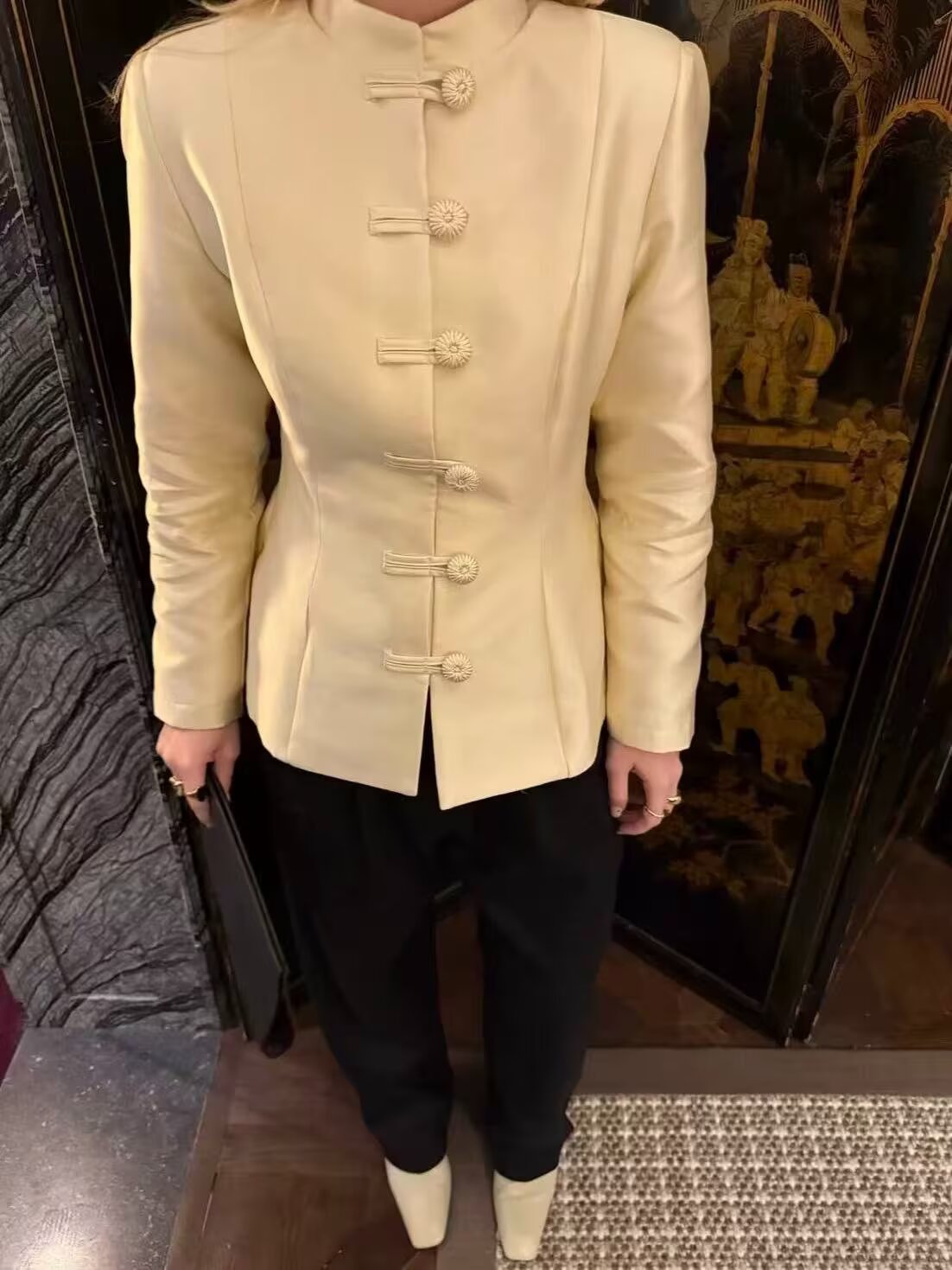 Women Clothing Stand Collar Buckle Satin Jacket Waist Trimming Coat