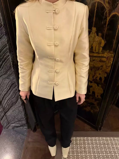 Women Clothing Stand Collar Buckle Satin Jacket Waist Trimming Coat