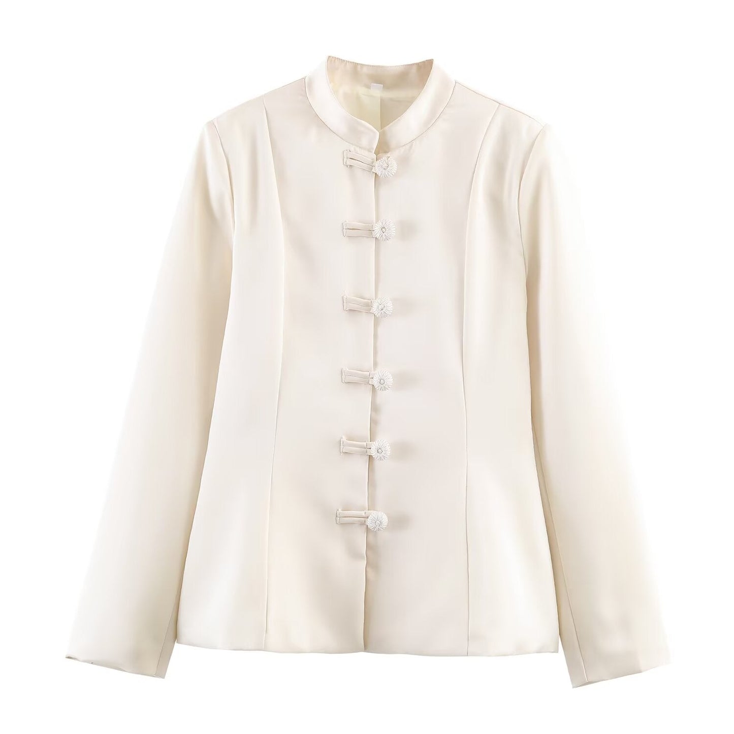 Women Clothing Stand Collar Buckle Satin Jacket Waist Trimming Coat