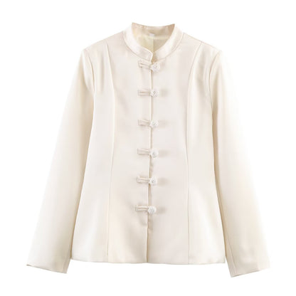 Women Clothing Stand Collar Buckle Satin Jacket Waist Trimming Coat