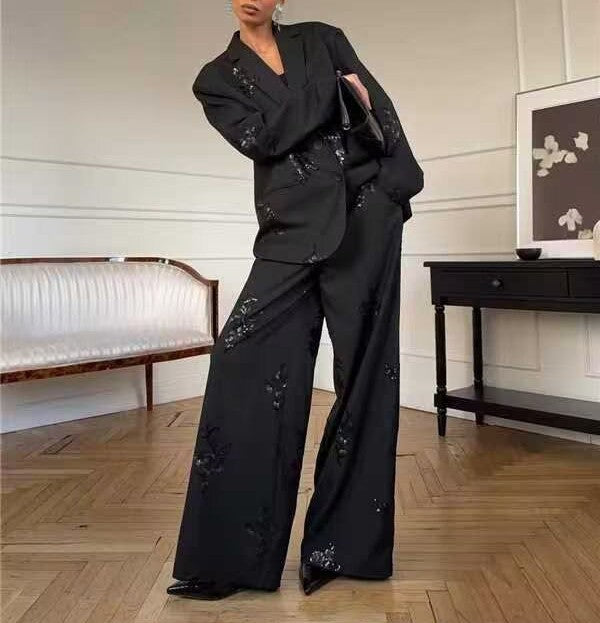 Spring Women Clothing Embroidered Sequ Striped Work Pant Two Piece Sets