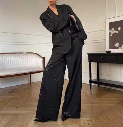 Spring Women Clothing Embroidered Sequ Striped Work Pant Two Piece Sets