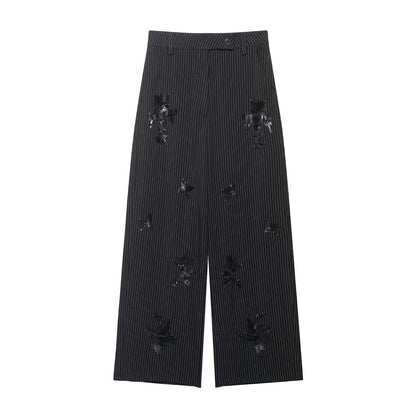 Spring Women Clothing Embroidered Sequ Striped Work Pant Two Piece Sets