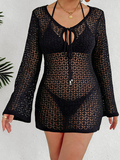 Women Beach Dress Beach Cover Up Women Clothing Long Sleeve Sexy Cutout See through Tied Dress
