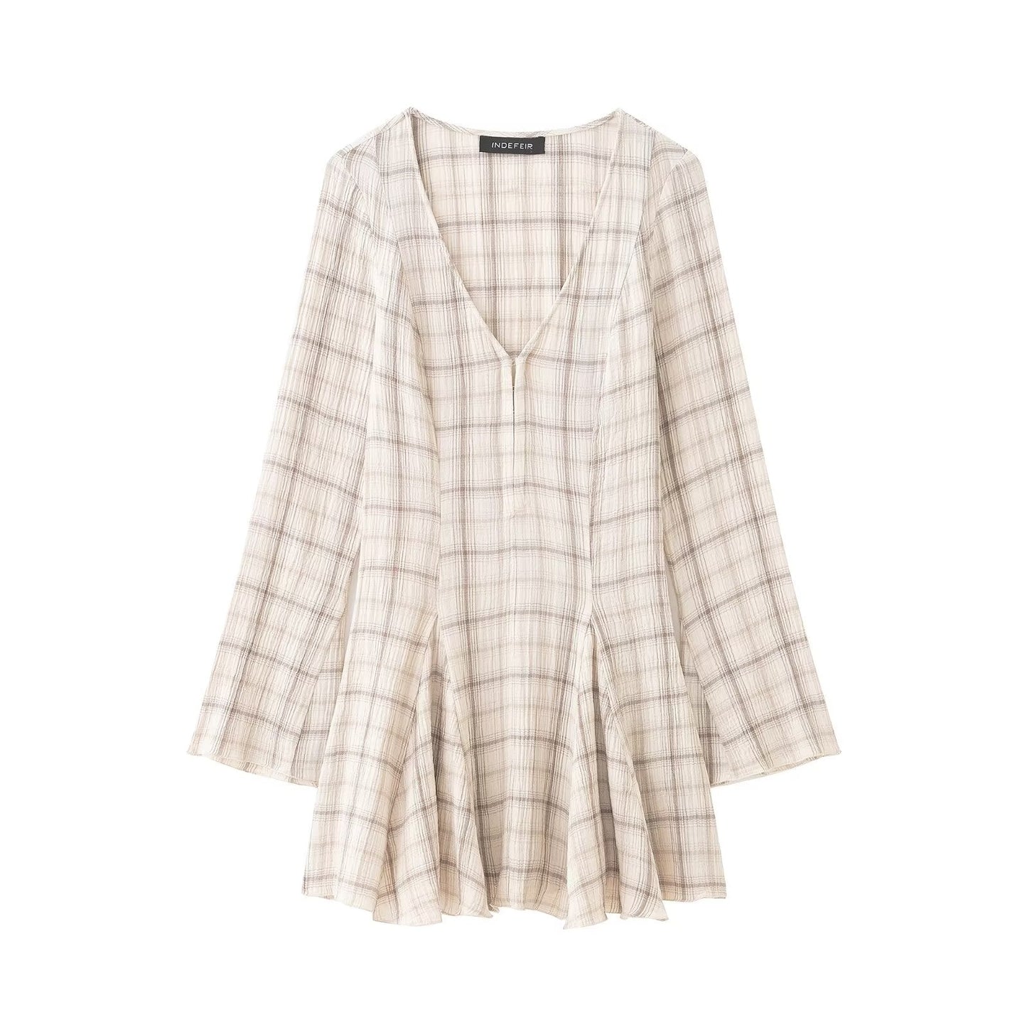 Women Clothing Western Long Sleeve V neck Plaid Short Dress