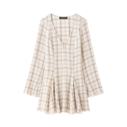 Women Clothing Western Long Sleeve V neck Plaid Short Dress