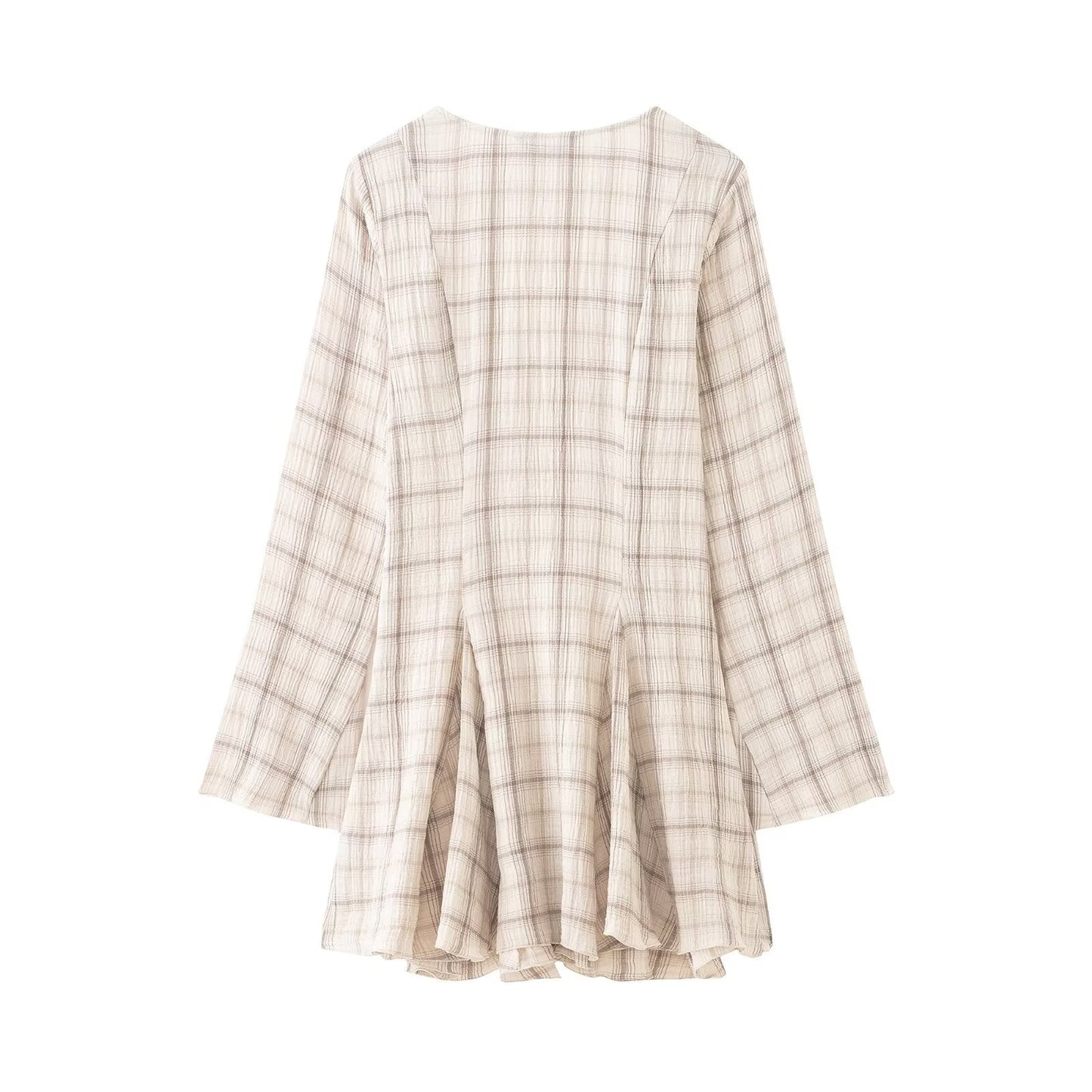 Women Clothing Western Long Sleeve V neck Plaid Short Dress