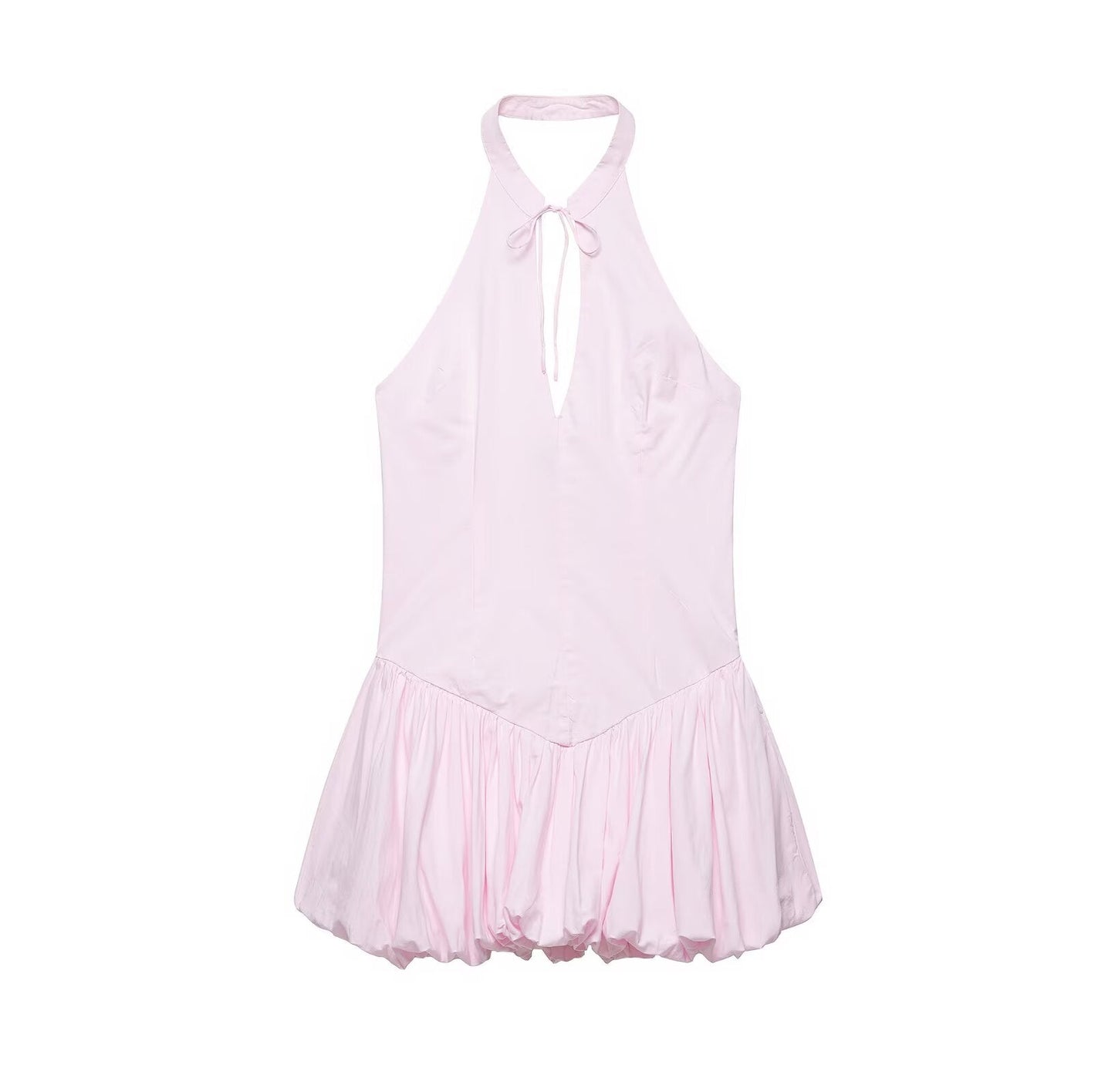 Women Clothing Summer Poplin Hanging Collar Balloon Short Dress