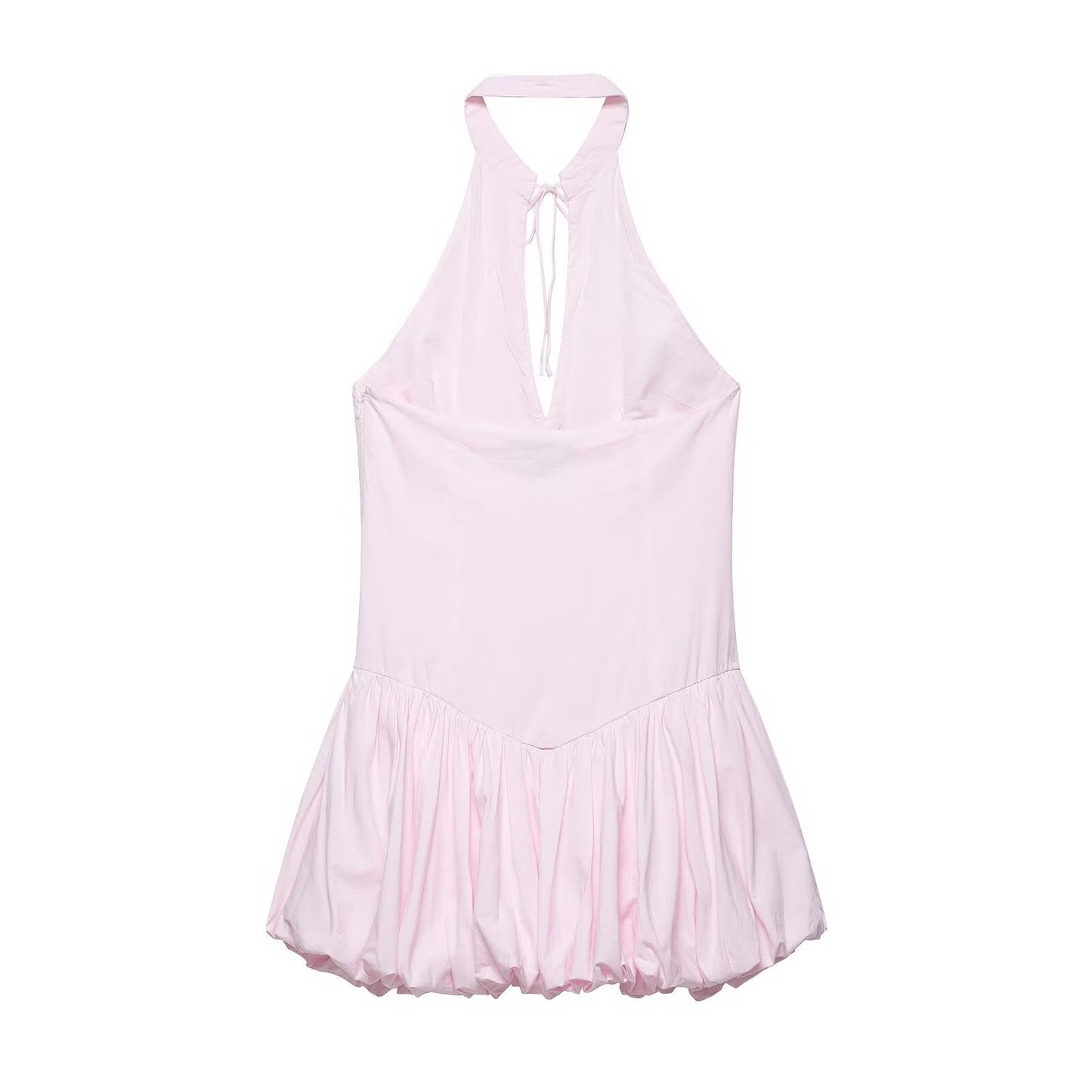 Women Clothing Summer Poplin Hanging Collar Balloon Short Dress