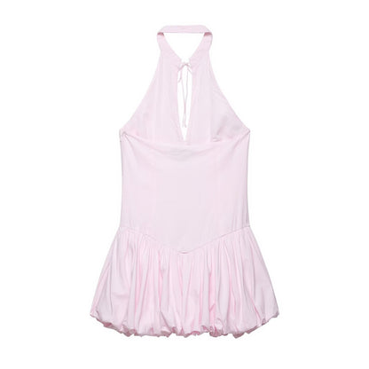 Women Clothing Summer Poplin Hanging Collar Balloon Short Dress