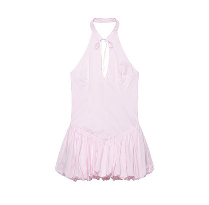 Women Clothing Summer Poplin Hanging Collar Balloon Short Dress