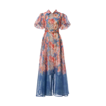 Women Summer Floral Short Sleeved Waist Long Dress