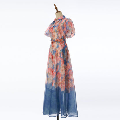 Women Summer Floral Short Sleeved Waist Long Dress