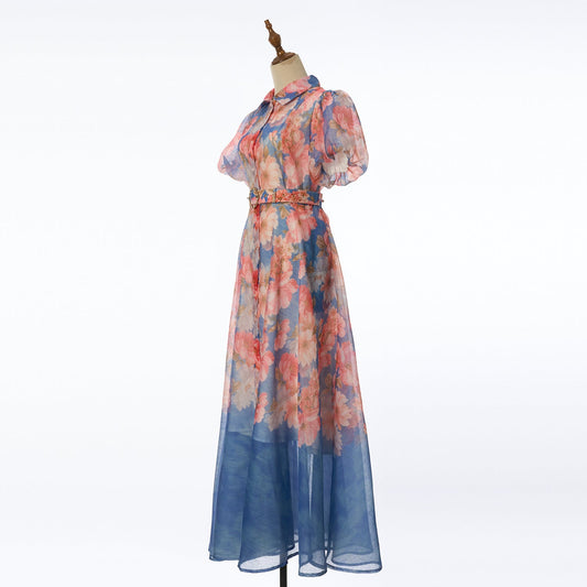 Women Summer Floral Short Sleeved Waist Long Dress