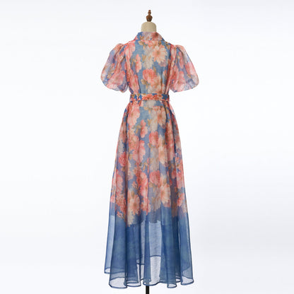 Women Summer Floral Short Sleeved Waist Long Dress