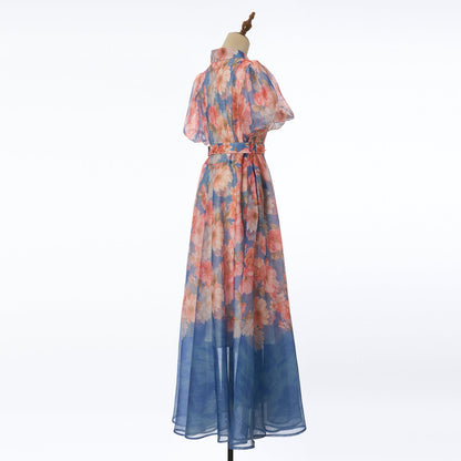 Women Summer Floral Short Sleeved Waist Long Dress