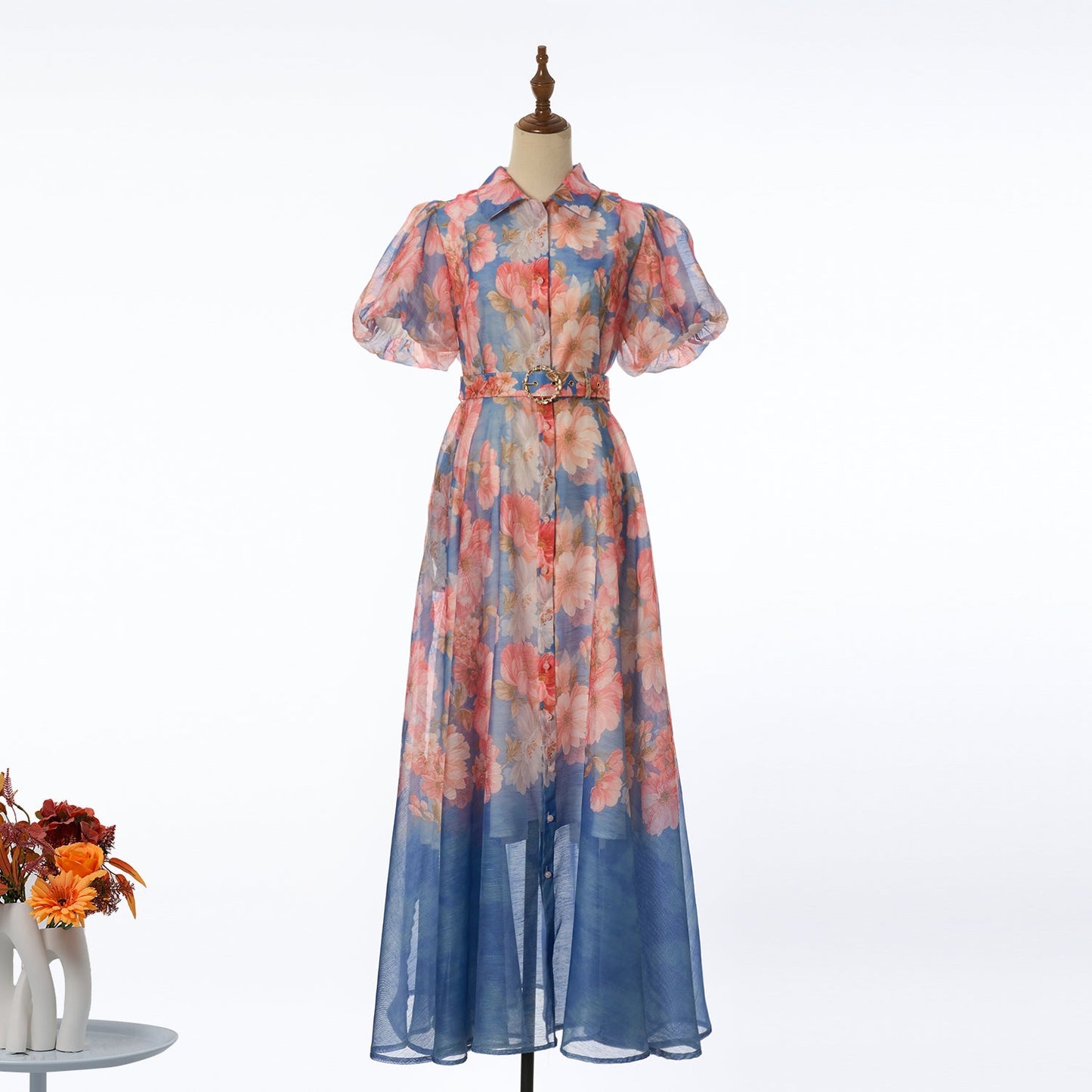 Women Summer Floral Short Sleeved Waist Long Dress