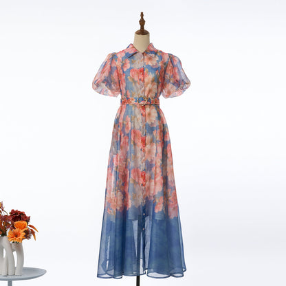 Women Summer Floral Short Sleeved Waist Long Dress