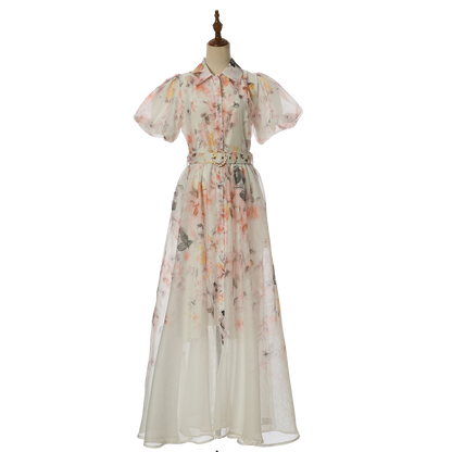 Women Summer Floral Short Sleeved Waist Long Dress