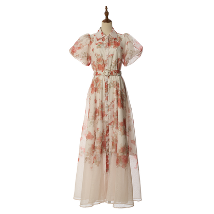 Women Summer Floral Short Sleeved Waist Long Dress
