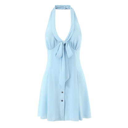 Summer French Romantic Seaside Vacation Short Dress Bow Sexy V neck Halter Dress