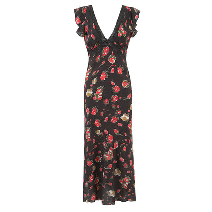 Women Clothing French Elegant Black Floral Dress
