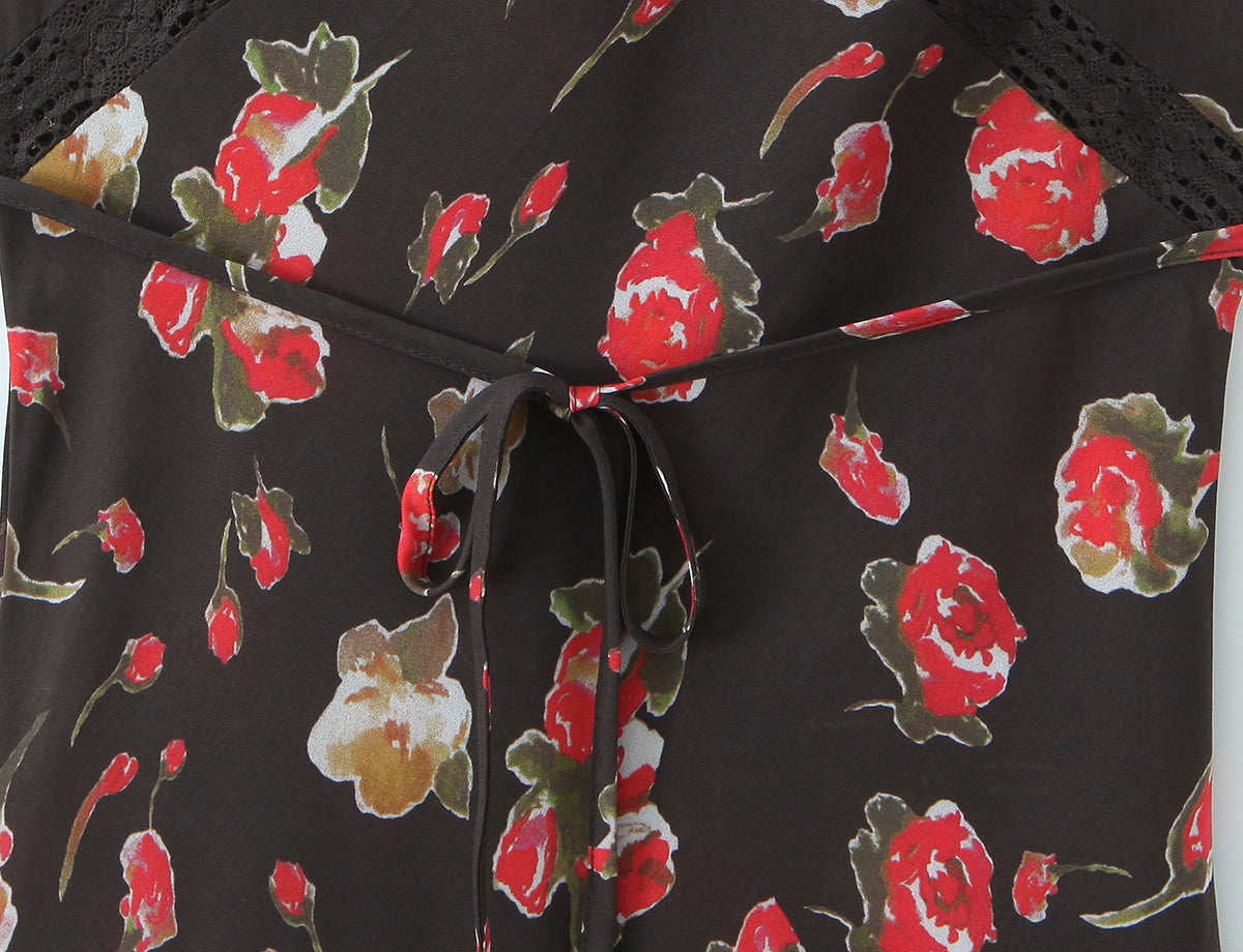 Women Clothing French Elegant Black Floral Dress