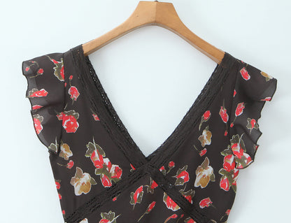 Women Clothing French Elegant Black Floral Dress