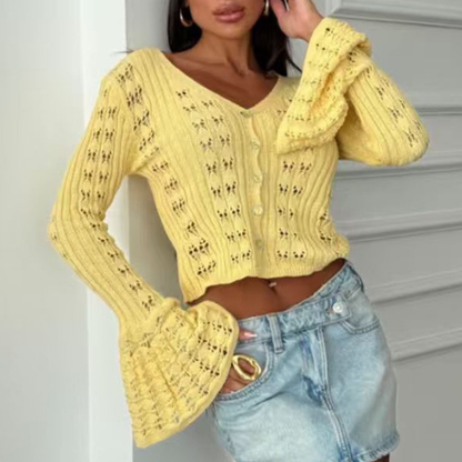 Design Hollow Out Cutout out Sexy Knitted Cardigan Solid Color Long Sleeve V neck French Short Bell Sleeve Blouse