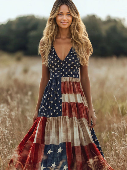 Retro Flag Printed V neck Sling Independence Day Vacation Tiered Dress