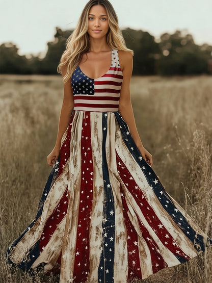 Retro Flag Printed V neck Sling Independence Day Vacation Dress