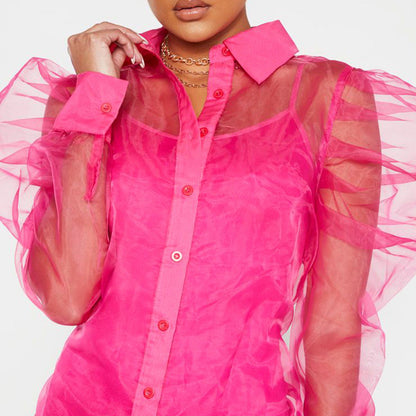 Spring Summer Women Clothing Puff Sleeve Top Long Sleeve Organza Cardigan Dress plus Size Suit for Women