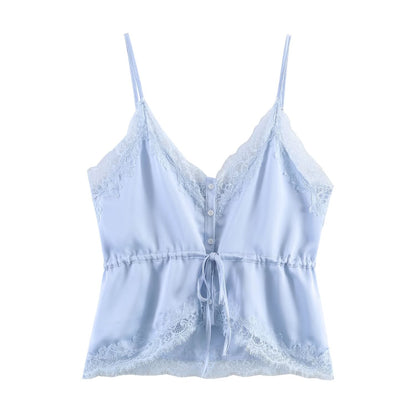 Women Clothing Lace Decorative Silk Satin Texture Top Camisole