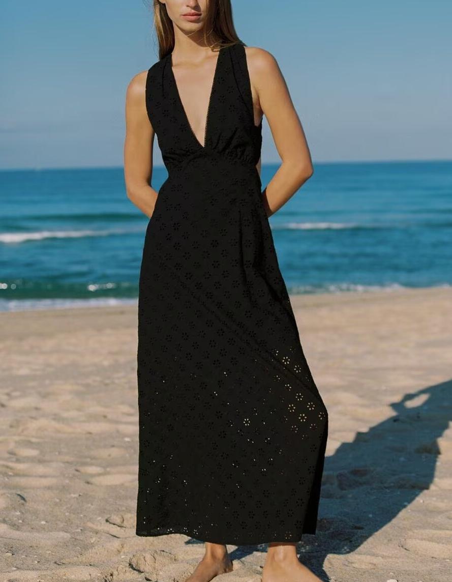 Women Clothing Summer French Hollow Out Cutout Embroidered Halter Sleeveless Dress